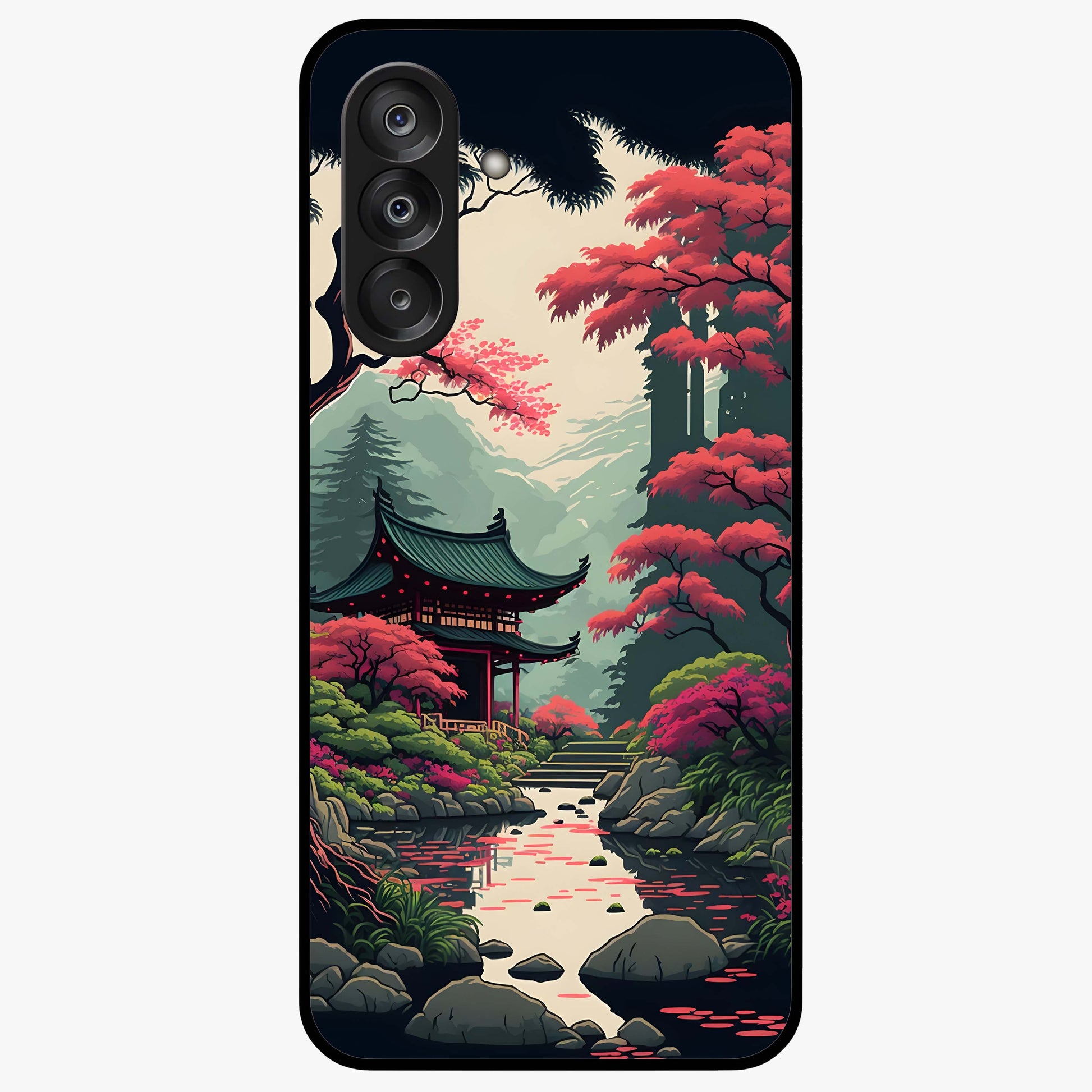 Crimson Temple View Glass Case showing flat back view with temple inspired artwork and glossy glass finish.