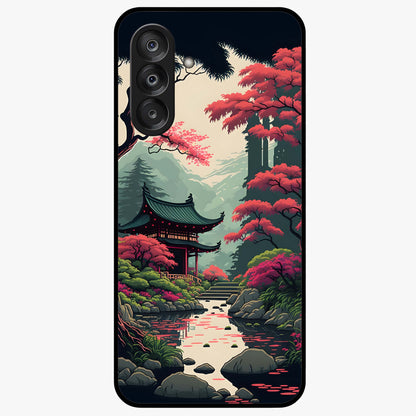 Crimson Temple View Glass Case showing flat back view with temple inspired artwork and glossy glass finish.