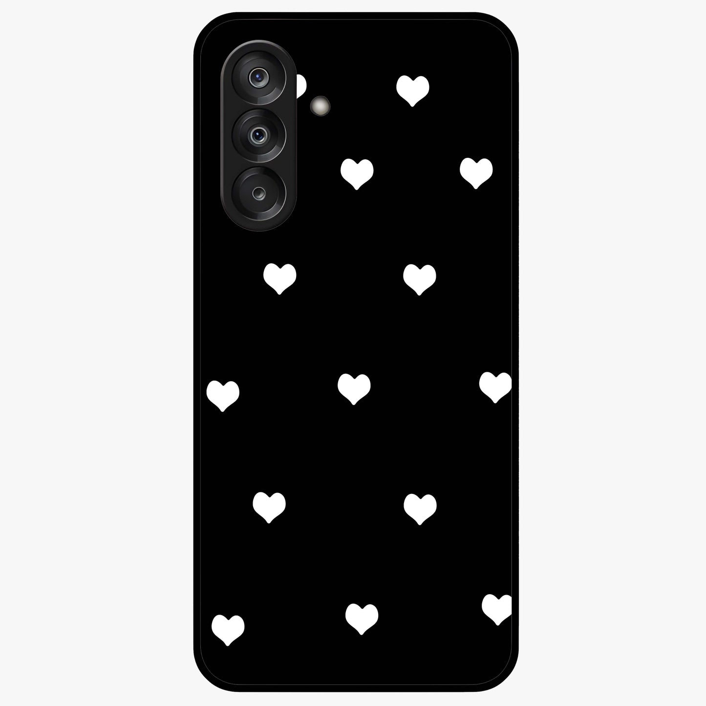 Cute And Simple White Hearts Glass Case showing flat back view with minimal white heart pattern and glossy glass finish.