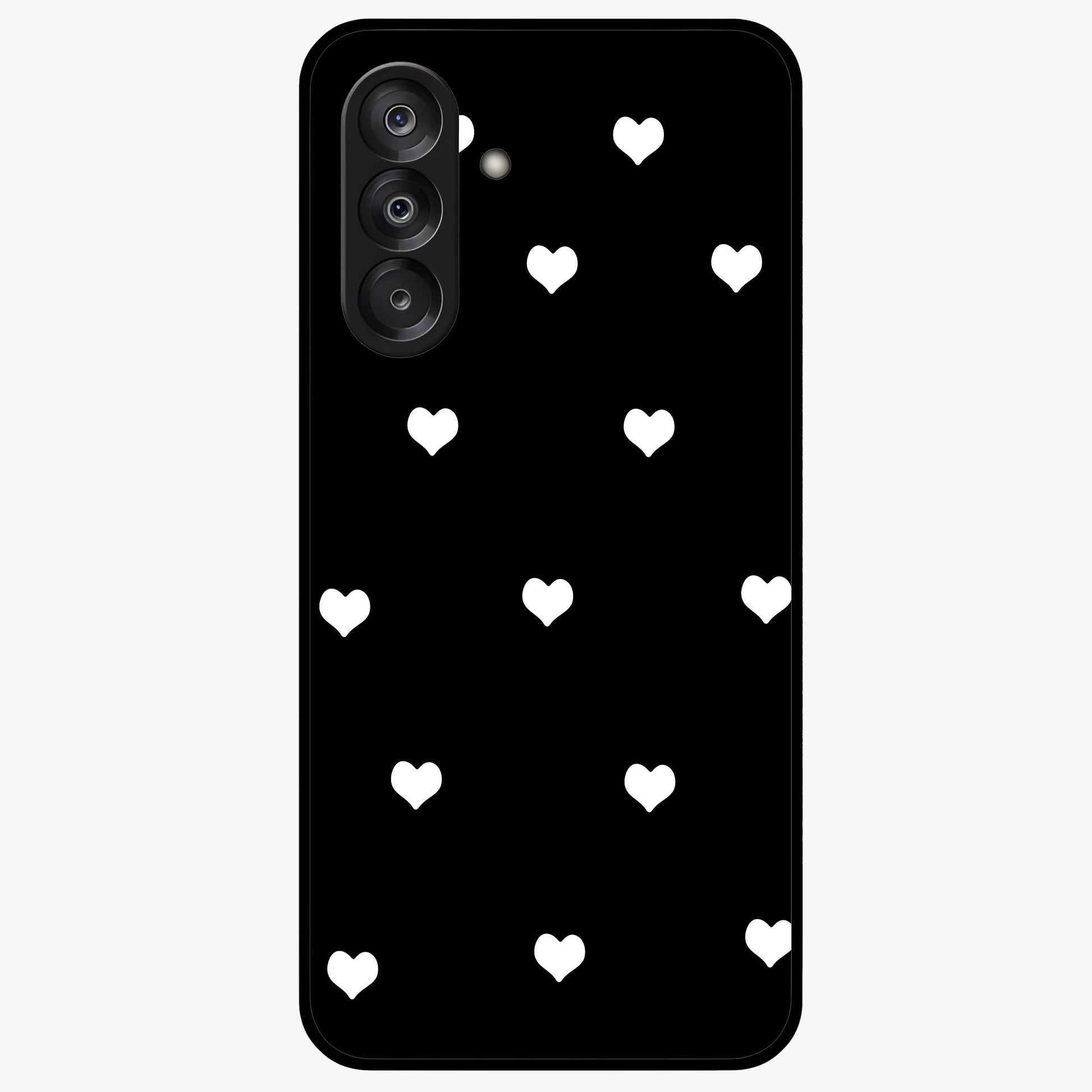 Cute And Simple White Hearts Glass Case showing flat back view with minimal white heart pattern and glossy glass finish.