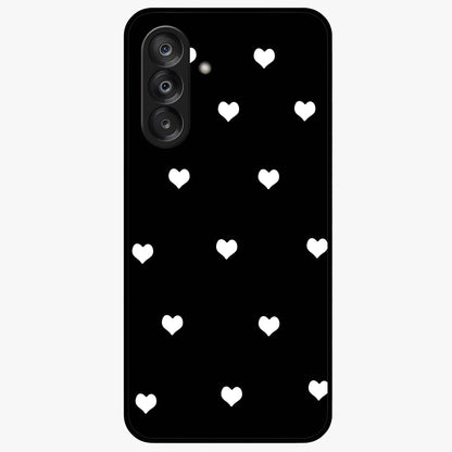 Cute And Simple White Hearts Glass Case showing flat back view with minimal white heart pattern and glossy glass finish.