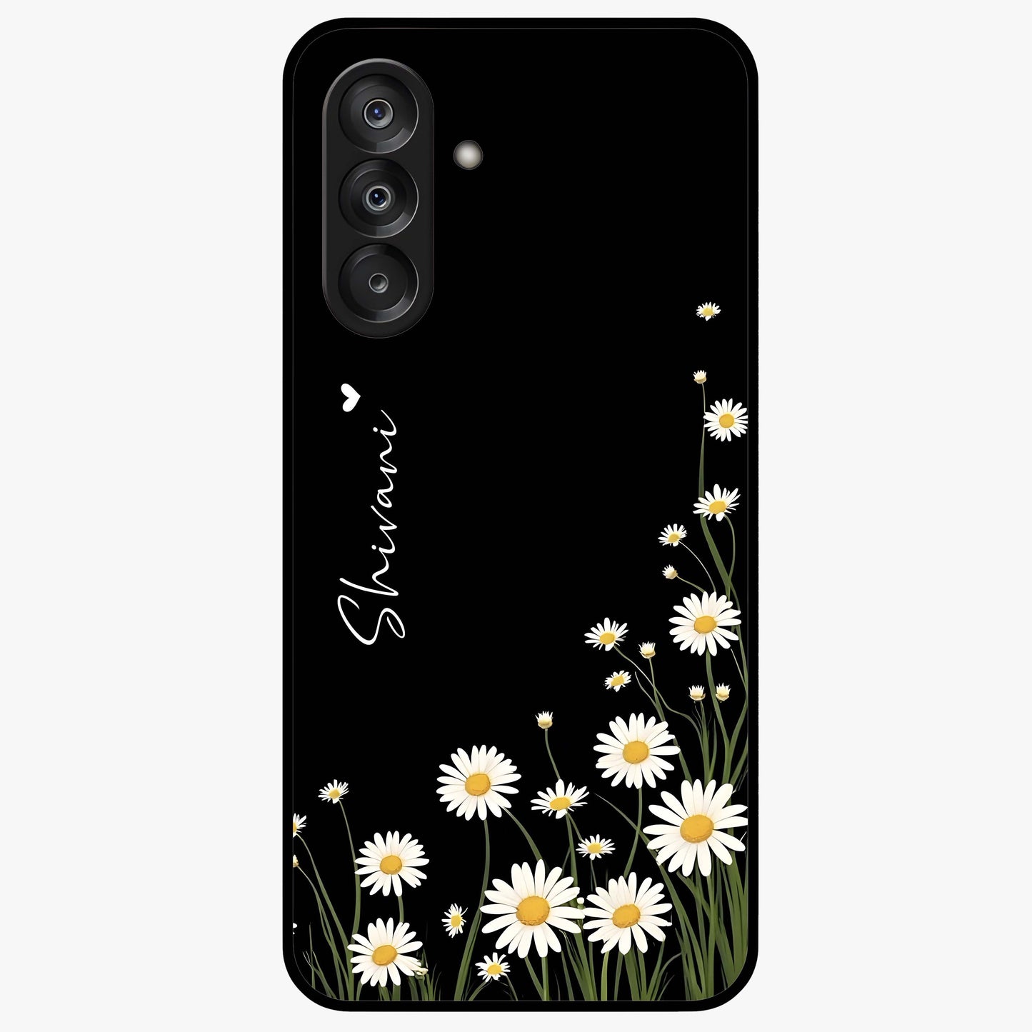 Daisy Cascade Custom Name Glass Case showing flat back view with cascading daisy flowers and personalized name design.