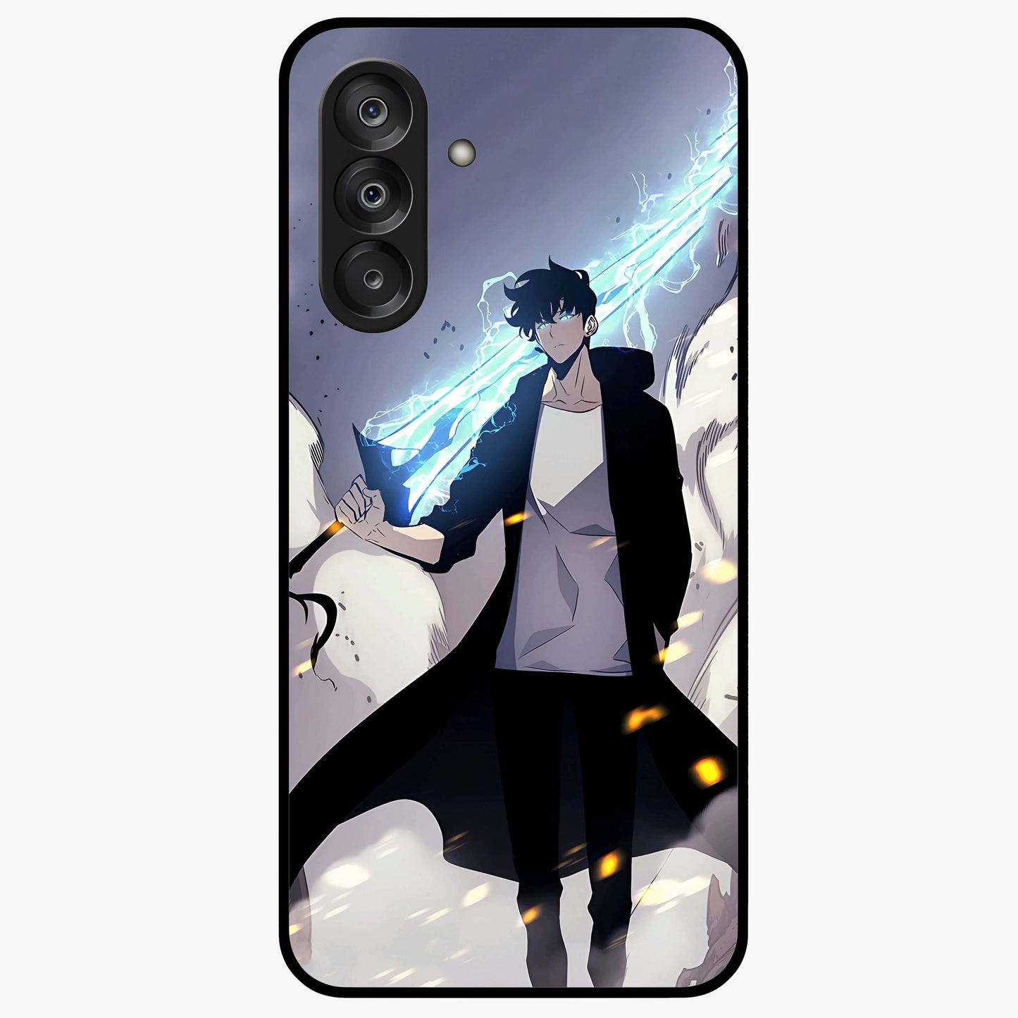 Dark Lightning Anime Warrior Glass Case showing flat back view with intense anime warrior artwork and glossy glass finish.