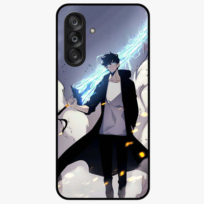 Dark Lightning Anime Warrior Glass Case showing flat back view with intense anime warrior artwork and glossy glass finish.