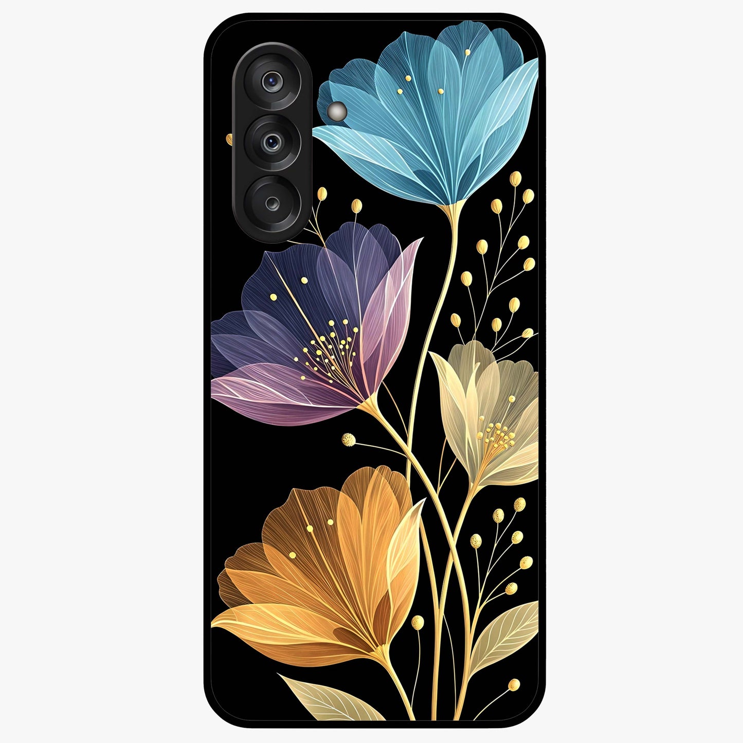 Delicate Multicolor Flowers Glass Case showing flat back view with vibrant floral artwork and glossy glass finish.