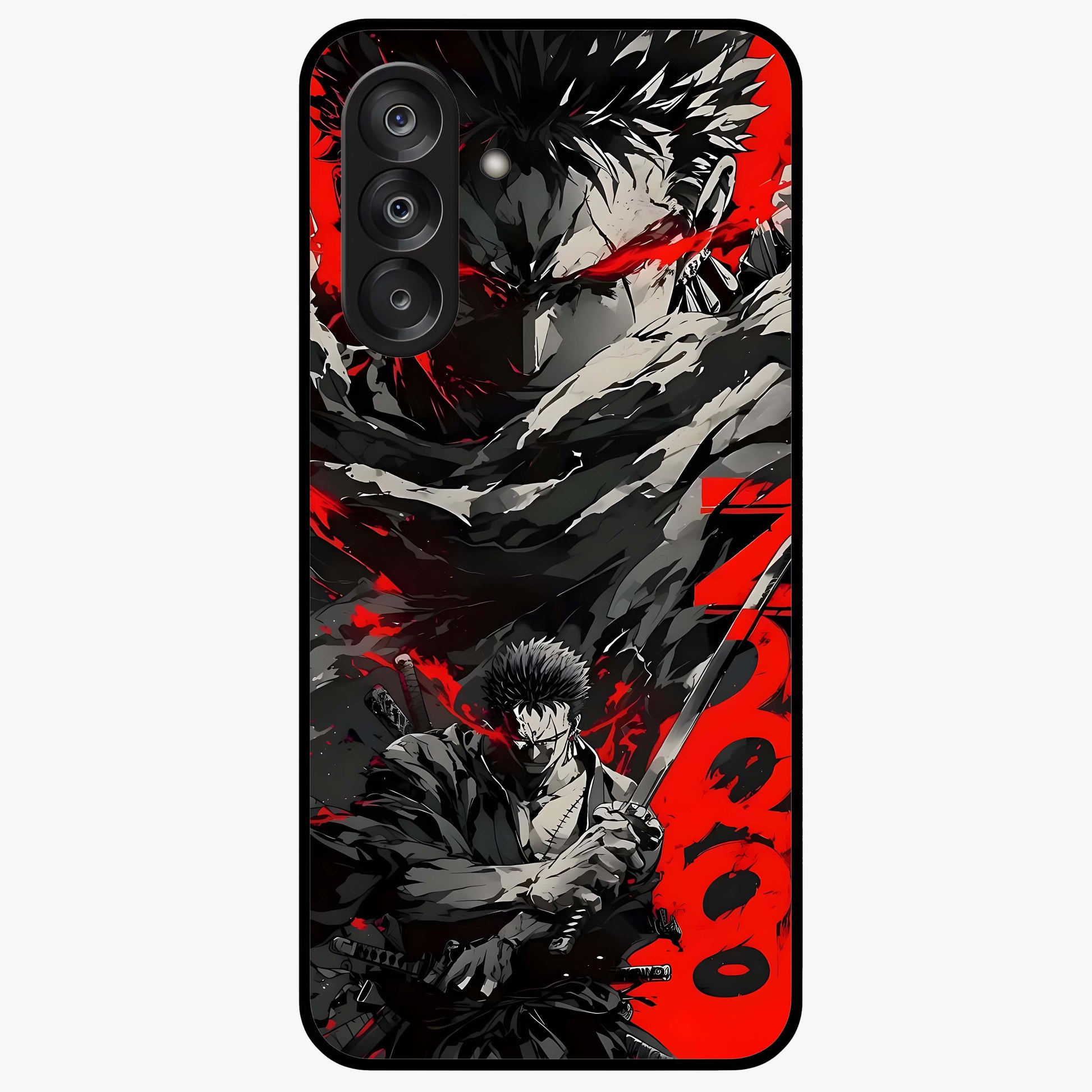 Demon Sword Resolve Glass Case showing flat back view with fierce sword warrior artwork and glossy glass finish.