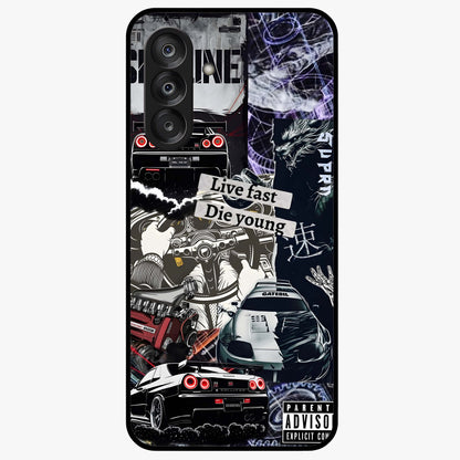 Die Young Glass Case showing flat back view with bold artistic typography design and glossy glass finish.