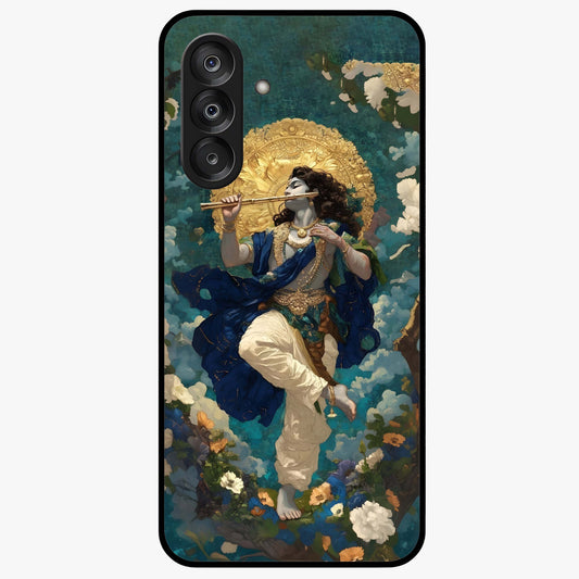Divine Krishna Art Glass Case showing flat back view with Lord Krishna artwork and glossy glass finish.