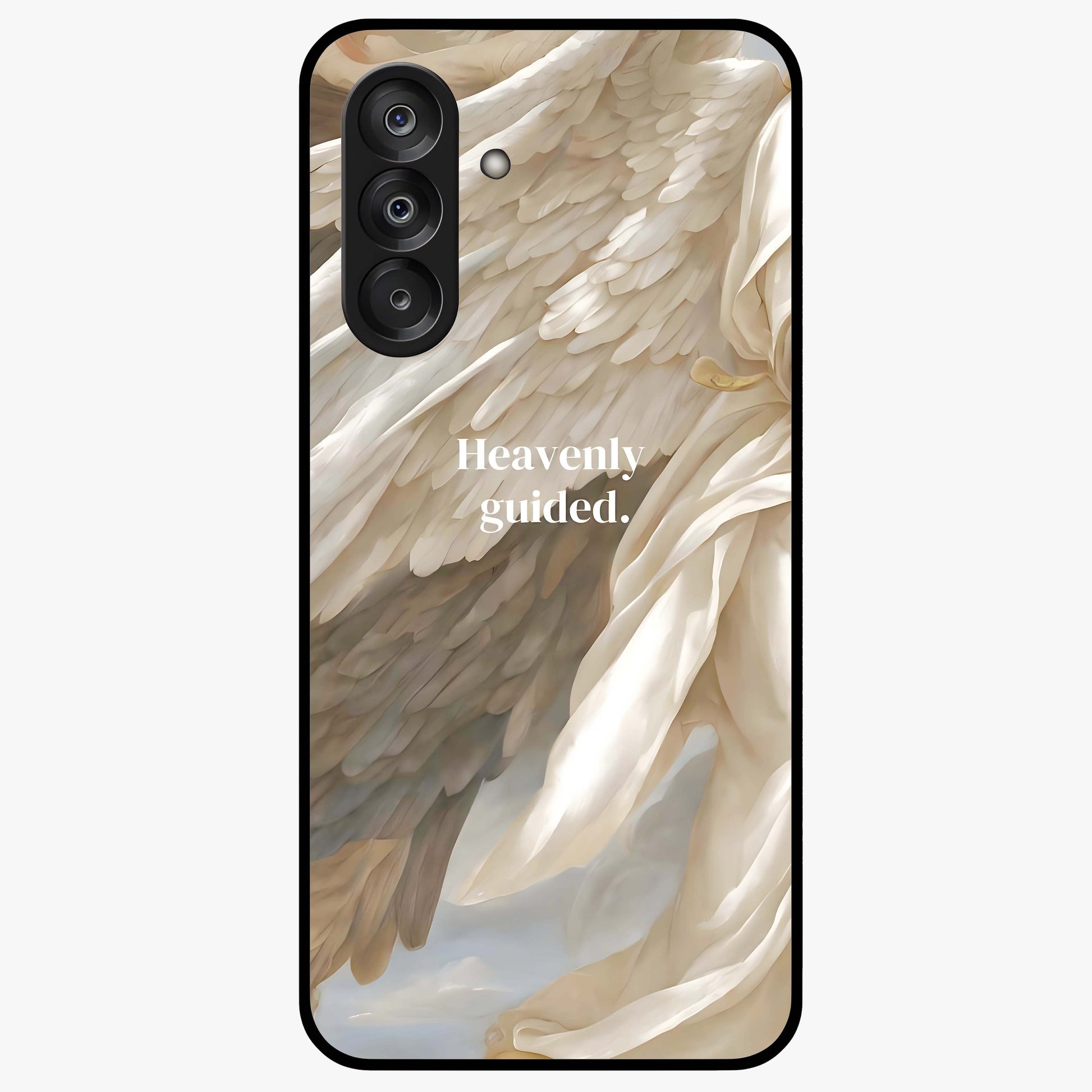 Divine Winged Grace Glass Case showing flat back view with elegant wing inspired artwork and glossy glass finish.