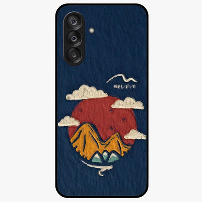Dream Beyond Mountains Glass Case showing flat back view with scenic mountain landscape artwork and glossy glass finish.