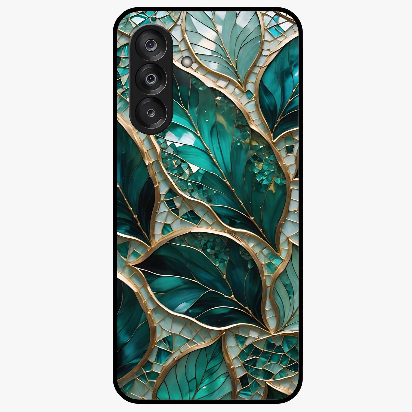 Emerald Leaf Glass Glass Case showing flat back view with emerald green leaf artwork and glossy glass finish.