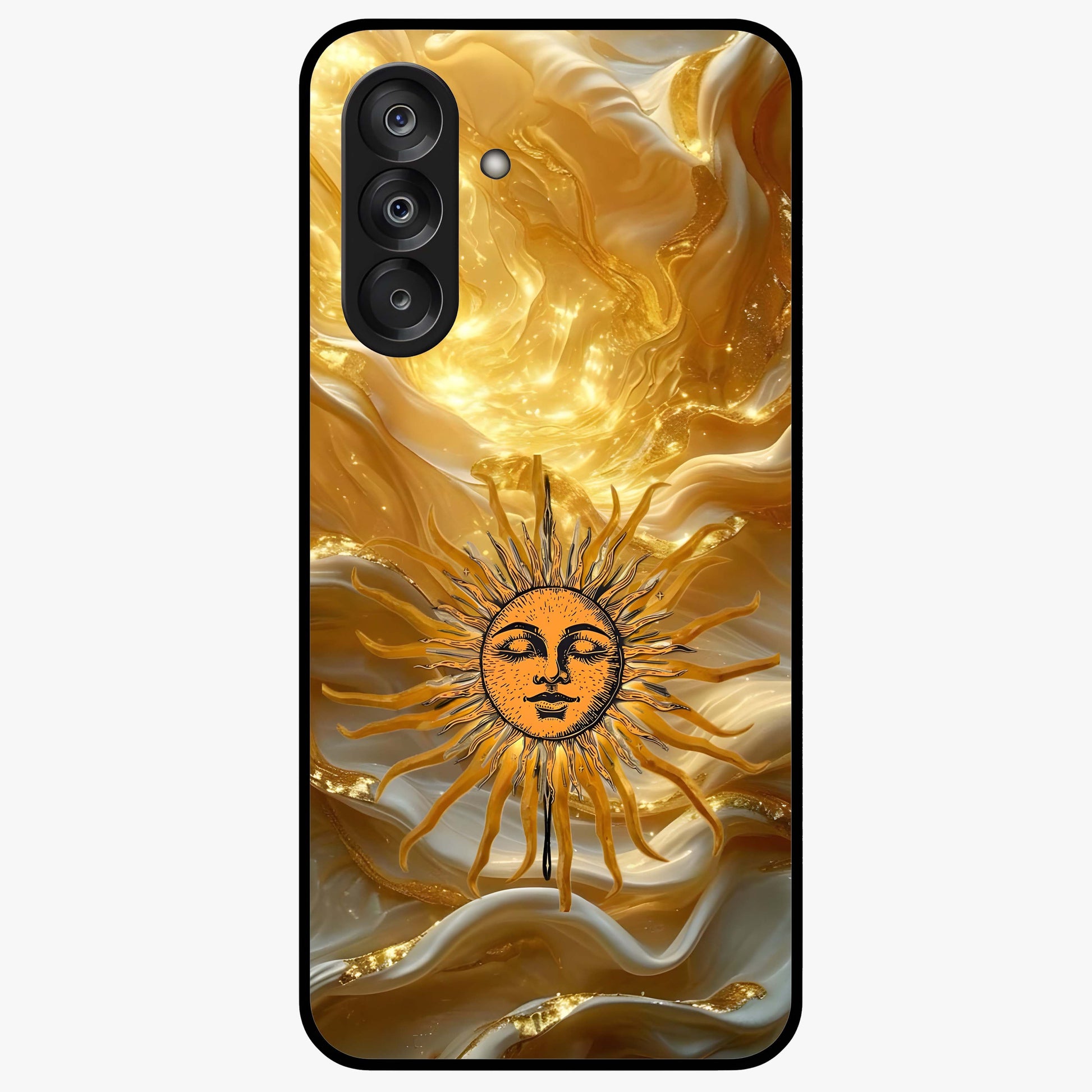 Eternal Golden Glow Glass Case showing flat back view with radiant golden themed artwork and glossy glass finish.