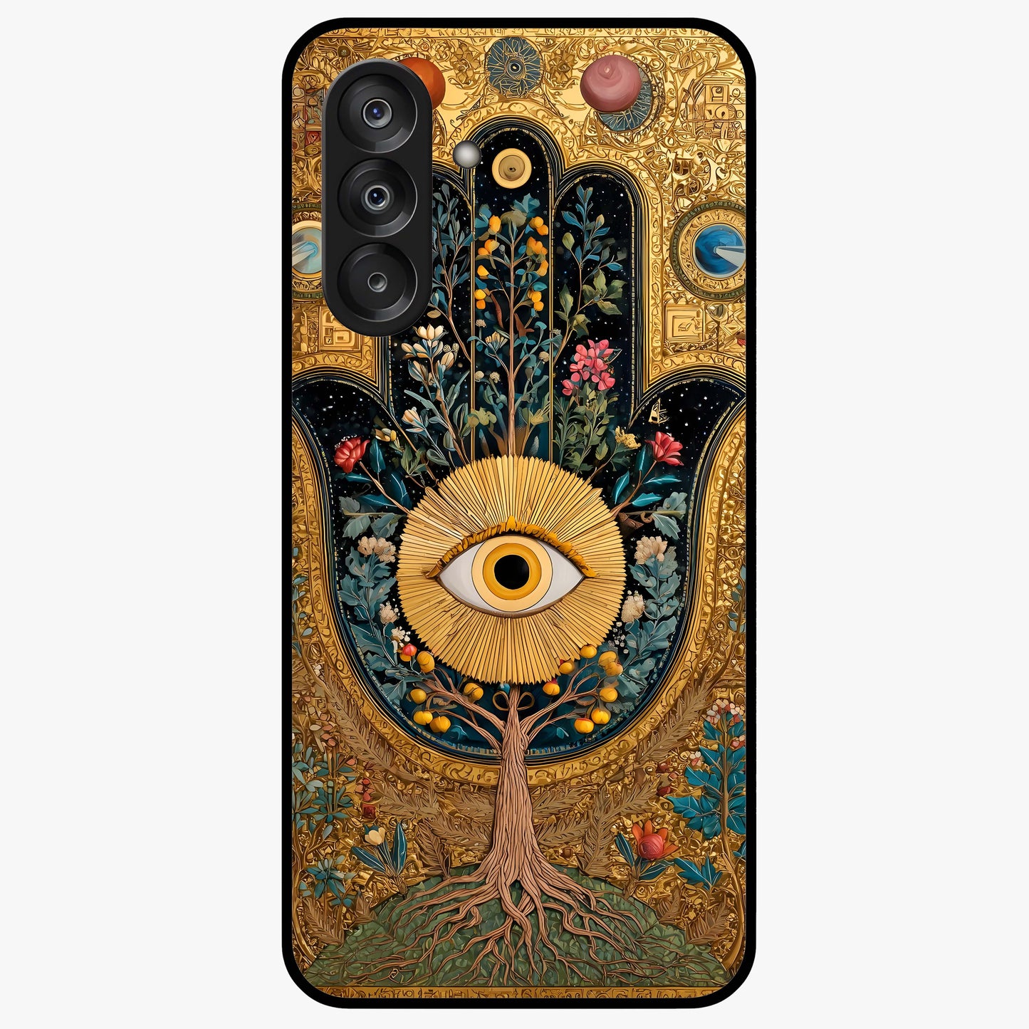 Ethereal Evil Eye Glass Case showing flat back view with mystical evil eye artwork and glossy glass finish.