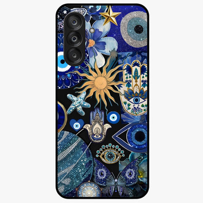 Evil Eye Charm Mix Glass Case showing flat back view with multiple evil eye charms artwork and glossy glass finish.