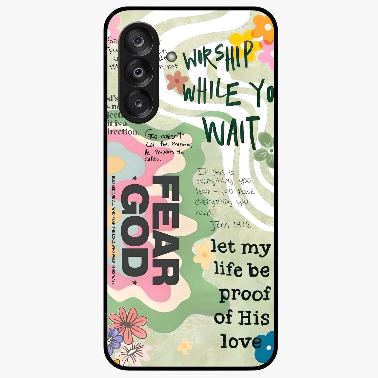 Faith Over Fear Glass Case showing flat back view with motivational typography artwork and glossy glass finish.