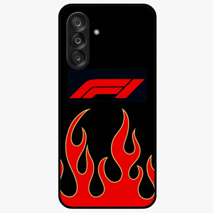 Fire F11 Glass Case showing flat back view with fiery themed artwork and glossy glass finish.