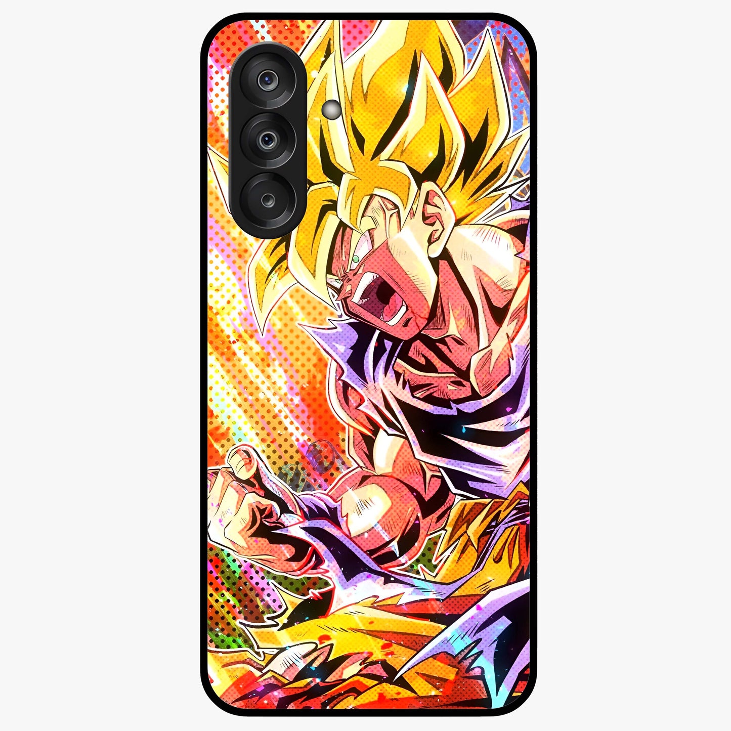 Firing Goku Glass Case showing flat back view with powerful anime inspired artwork and glossy glass finish.