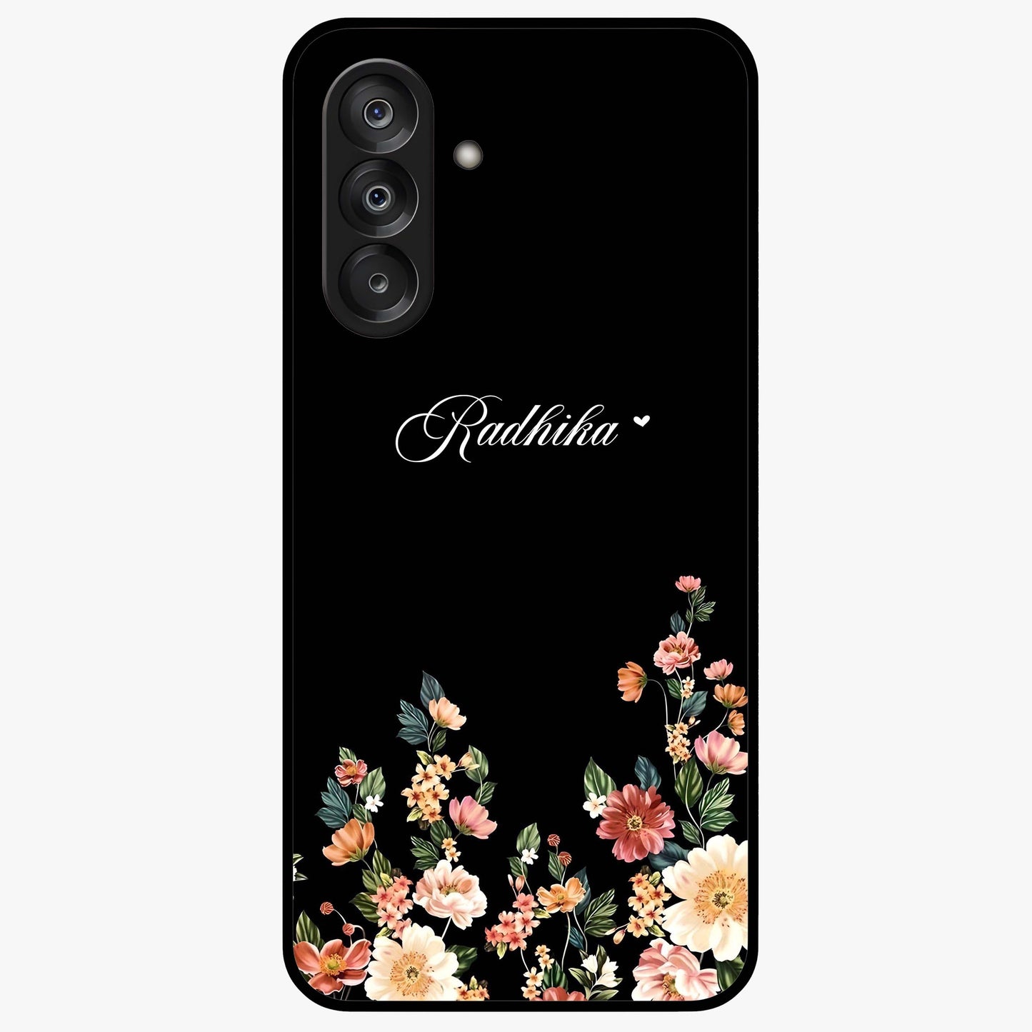 Floral Design With a Custom Personalized Name Glass Case showing flat back view with floral artwork and personalized name design.