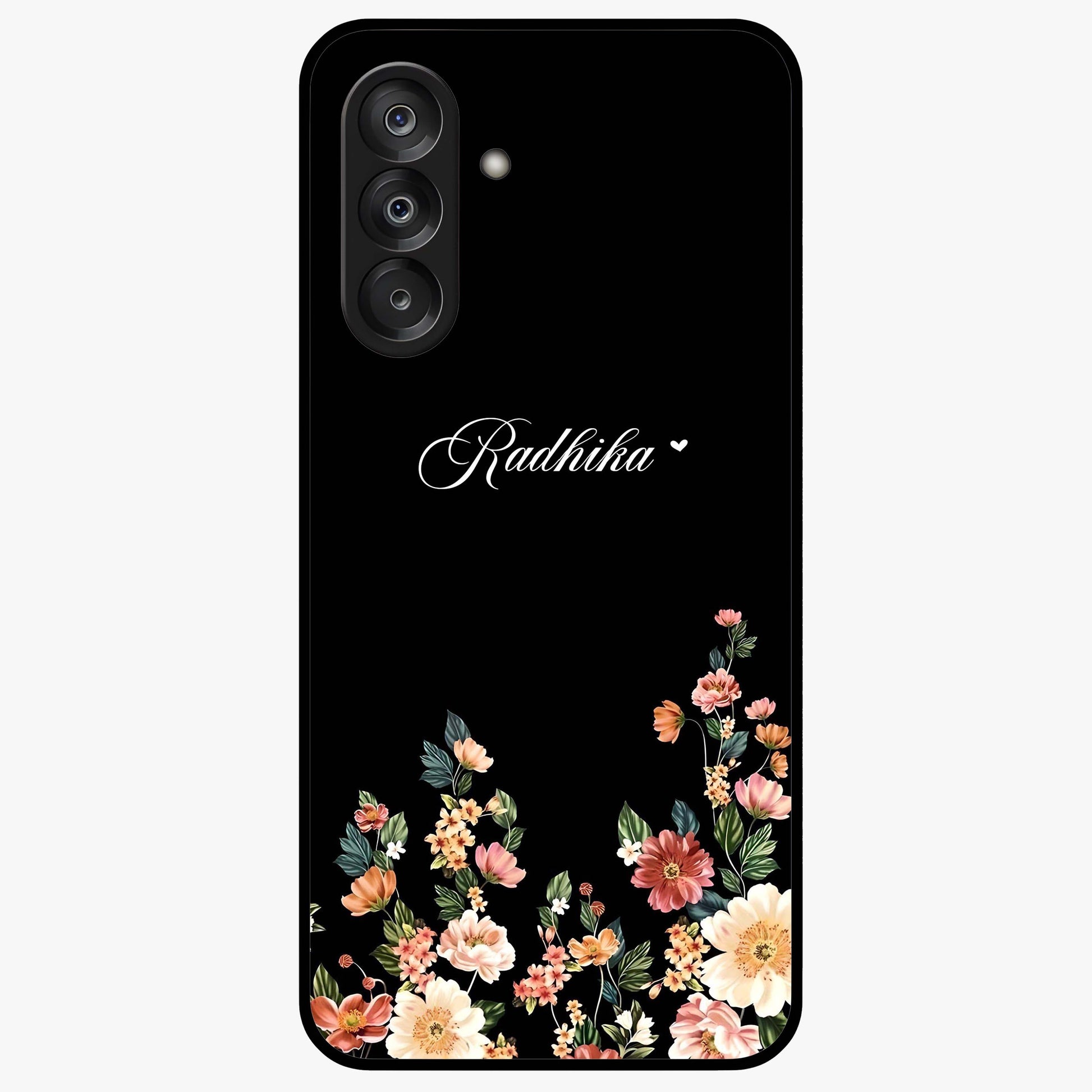 Floral Design With a Custom Personalized Name Glass Case showing flat back view with floral artwork and personalized name design.