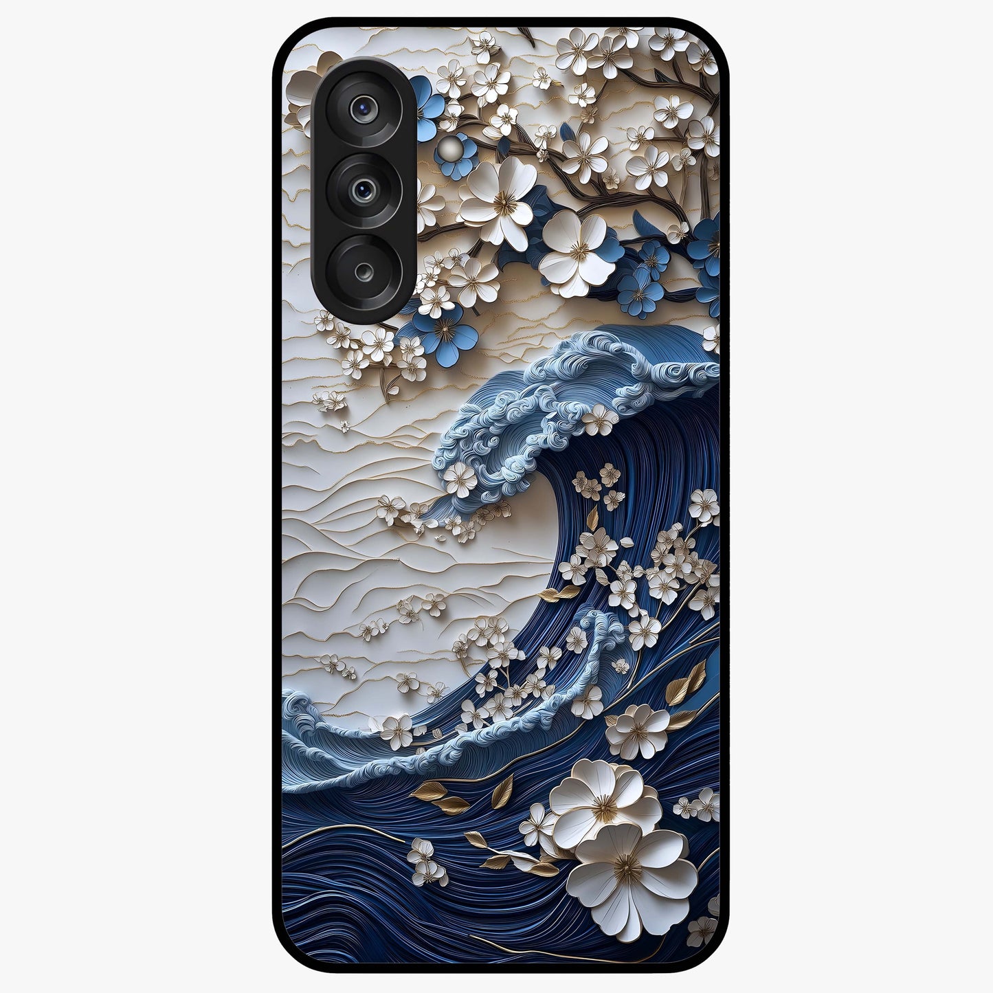 Floral Wave Origami Glass Case showing flat back view with origami inspired floral wave artwork and glossy glass finish.