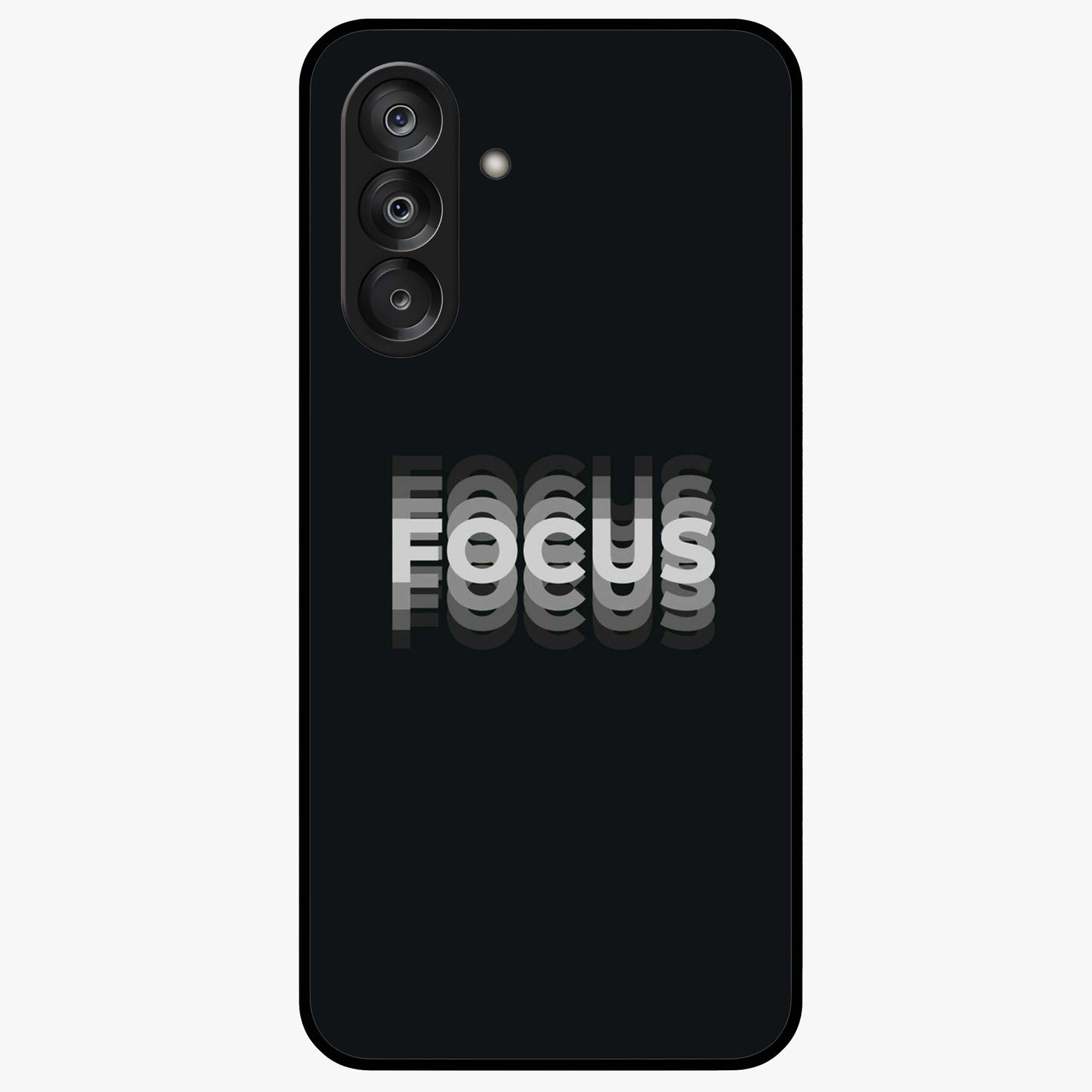 Focus Mode On Glass Case showing flat back view with bold motivational typography design and glossy glass finish.