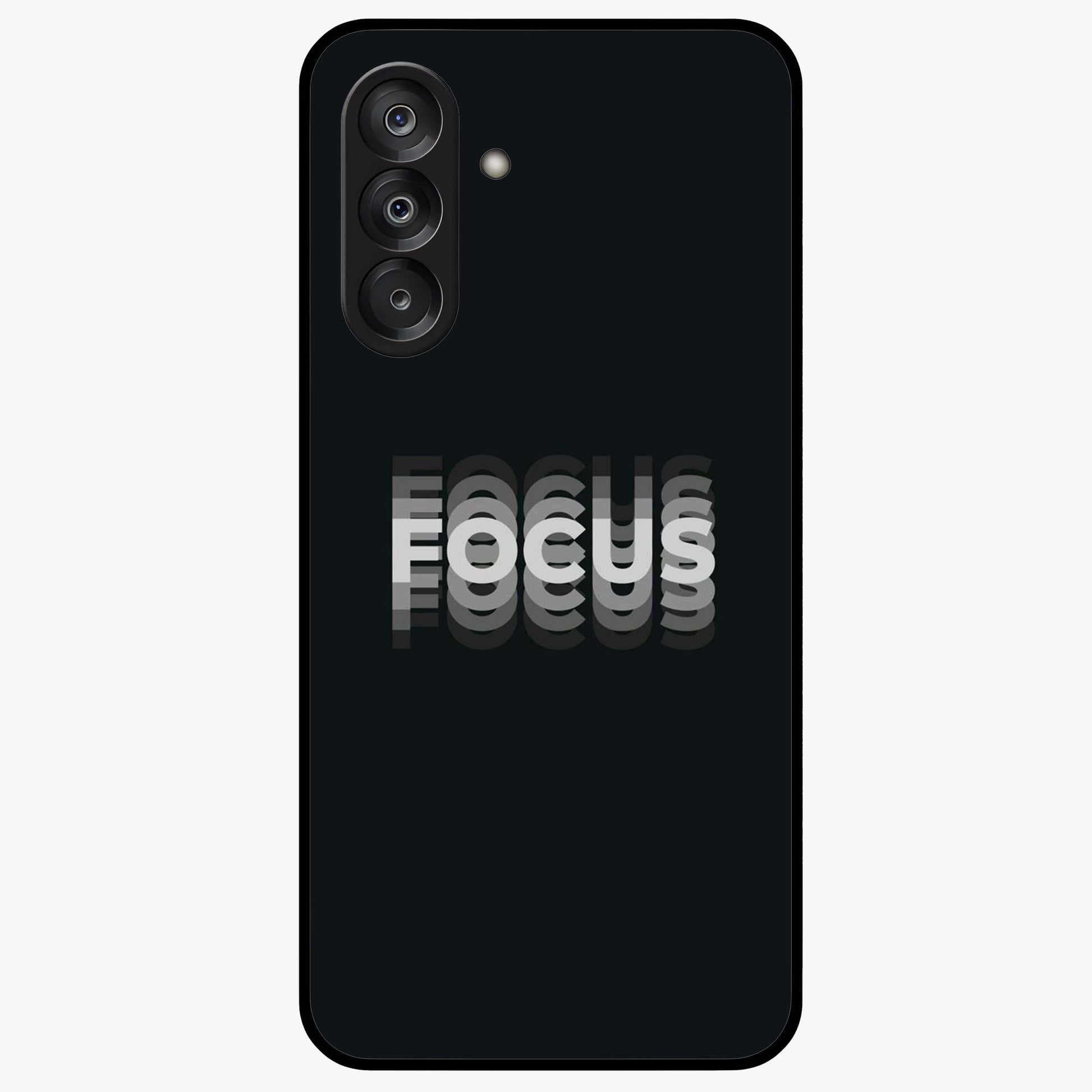 Focus Mode On Glass Case showing flat back view with bold motivational typography design and glossy glass finish.