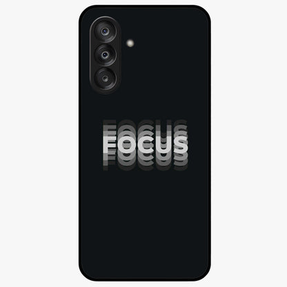 Focus Mode On Glass Case showing flat back view with bold motivational typography design and glossy glass finish.