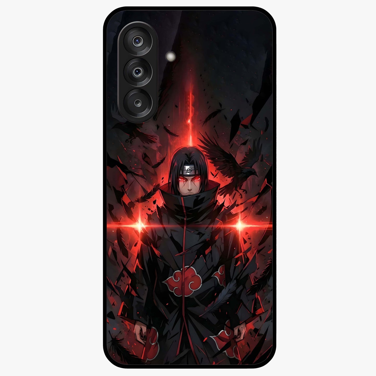 Focused Blade Discipline Glass Case showing flat back view with warrior sword themed artwork and glossy glass finish.