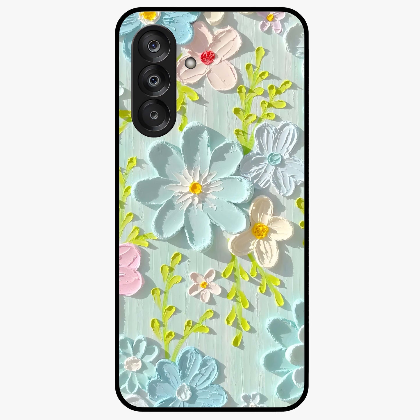 Frosted Petal Garden Glass Case showing flat back view with soft frosted floral artwork and glossy glass finish.