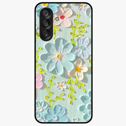 Frosted Petal Garden Glass Case showing flat back view with soft frosted floral artwork and glossy glass finish.