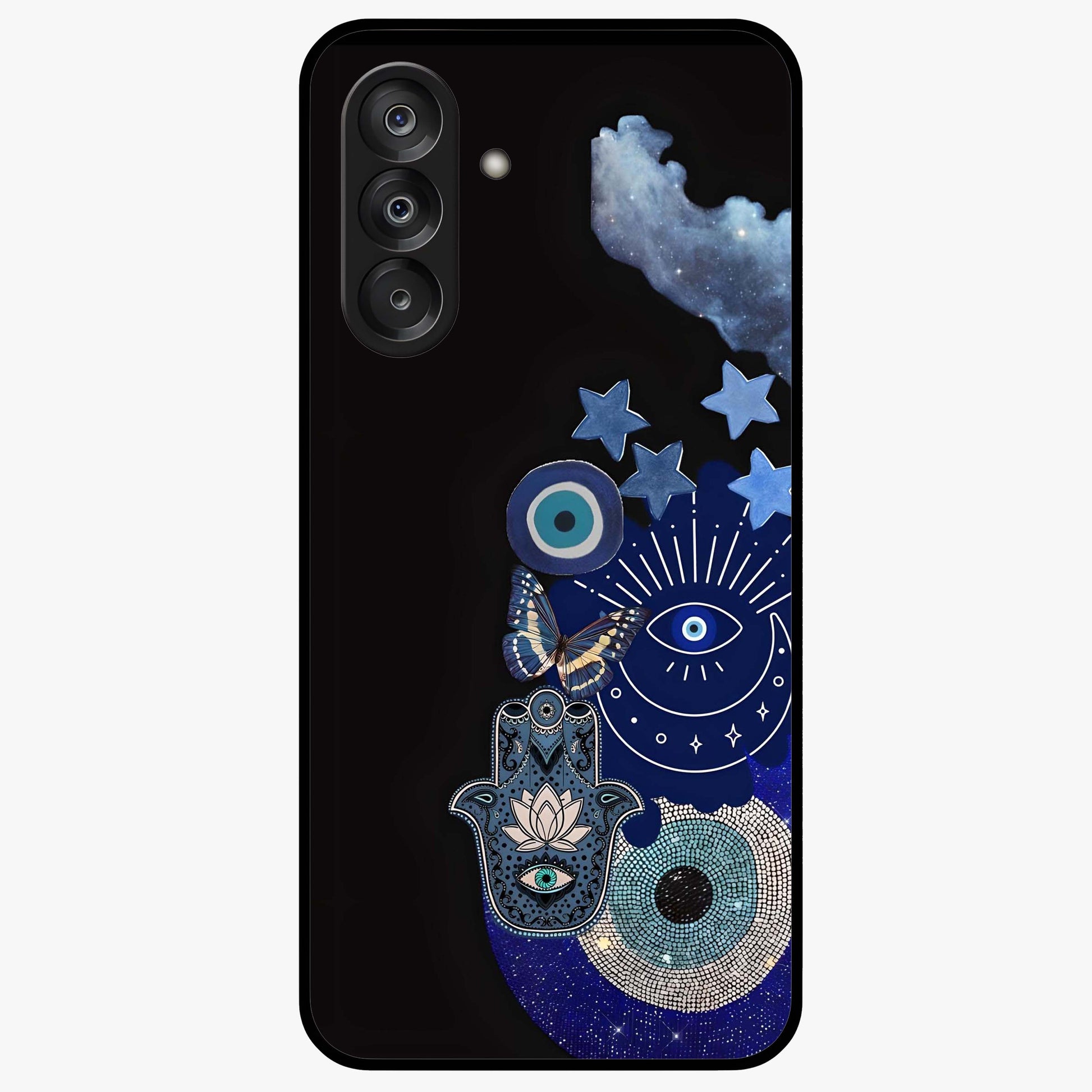 Galactic Charm Cluster Glass Case showing flat back view with glowing celestial charm artwork and glossy glass finish.