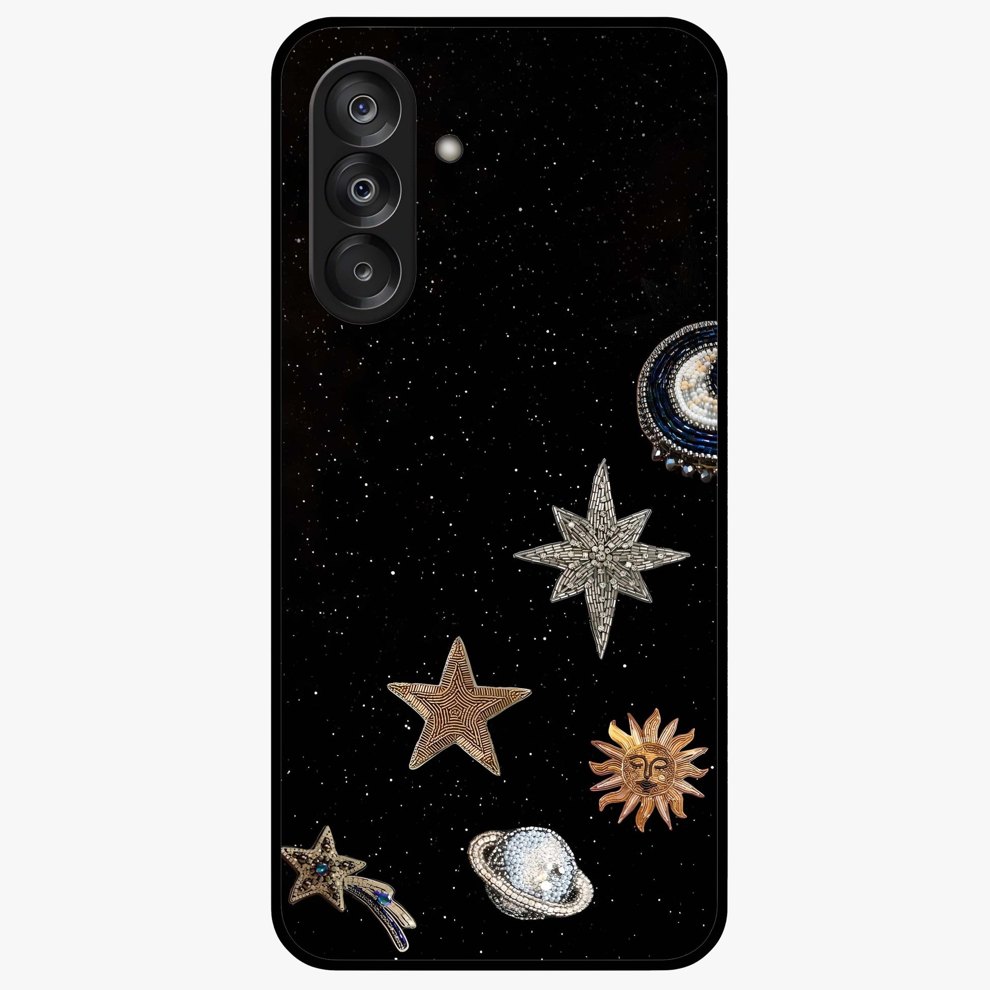Galactic Charm Glow Glass Case showing flat back view with glowing celestial charm artwork and glossy glass finish.