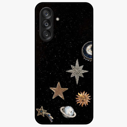 Galactic Charm Glow Glass Case showing flat back view with glowing celestial charm artwork and glossy glass finish.