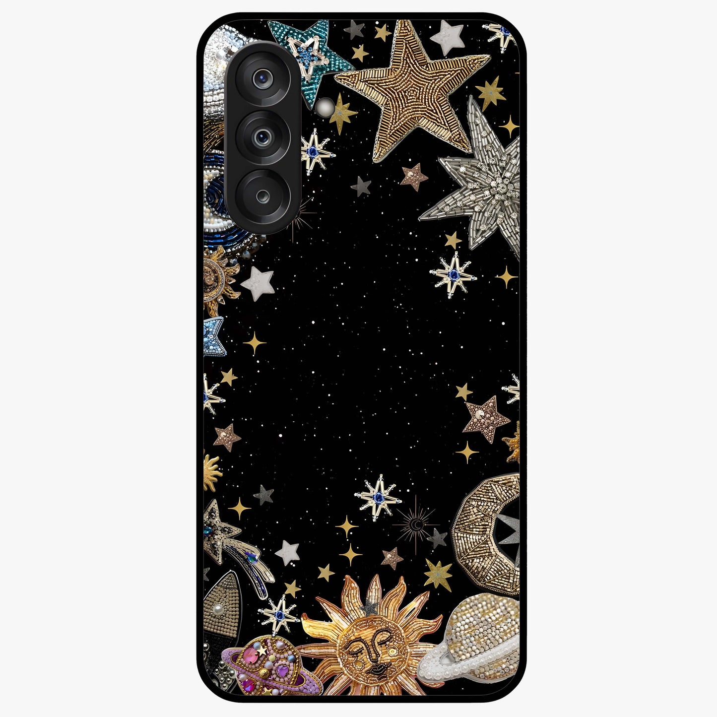 Galactic Jewel Stars Glass Case showing flat back view with sparkling star jewel artwork and glossy glass finish.