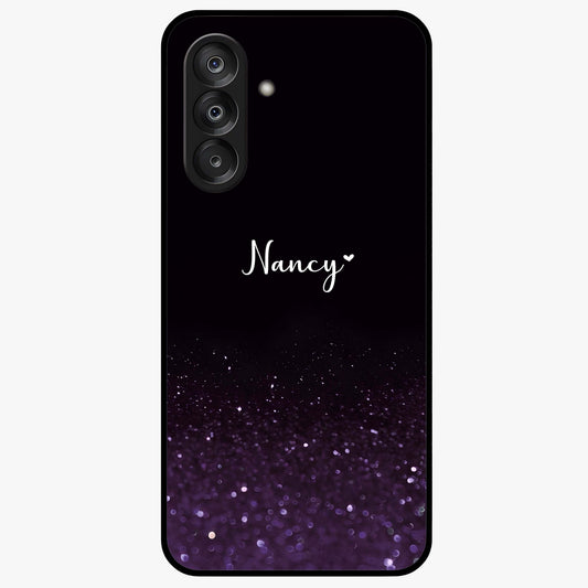 Glittery Purple Bokeh Custom Name Glass Case showing flat back view with purple bokeh sparkle artwork and personalized name design.