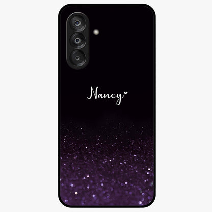 Glittery Purple Bokeh Custom Name Glass Case showing flat back view with purple bokeh sparkle artwork and personalized name design.