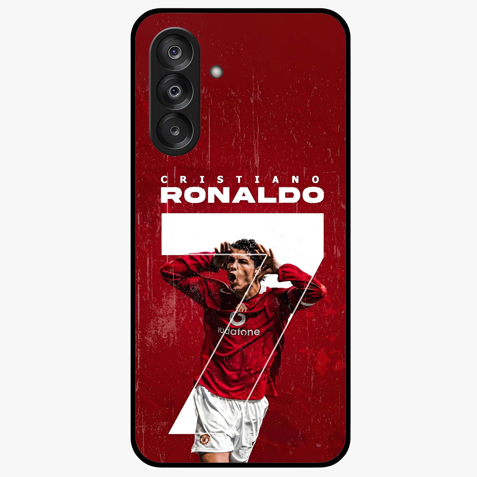 Goal Celebration Legacy Glass Case showing flat back view with football celebration inspired artwork and glossy glass finish.