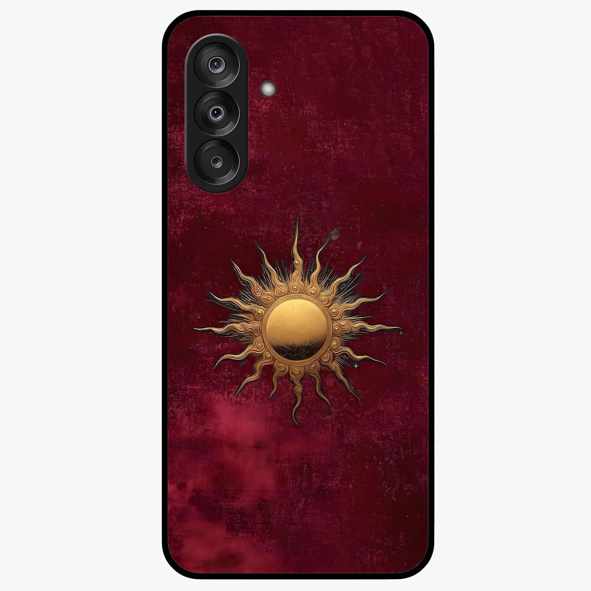Gold Sun Blush Glass Case showing flat back view with golden sun inspired artwork and glossy glass finish.