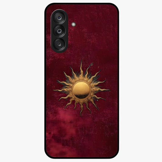 Gold Sun Blush Glass Case showing flat back view with golden sun inspired artwork and glossy glass finish.