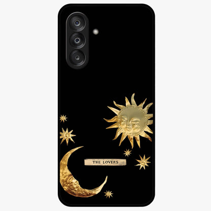 Golden Celestial Charm Glass Case showing flat back view with golden celestial charm artwork and glossy glass finish.