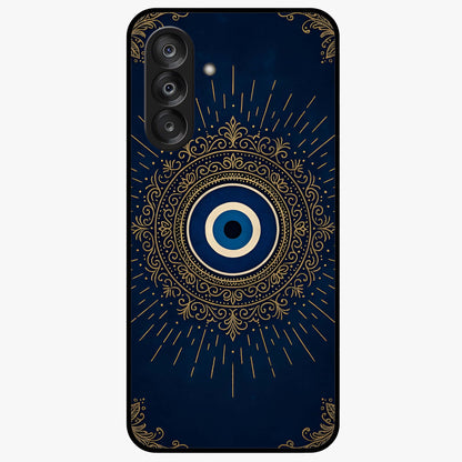 Golden Evil Eye Mandala Glass Case showing flat back view with intricate evil eye mandala artwork and glossy glass finish.