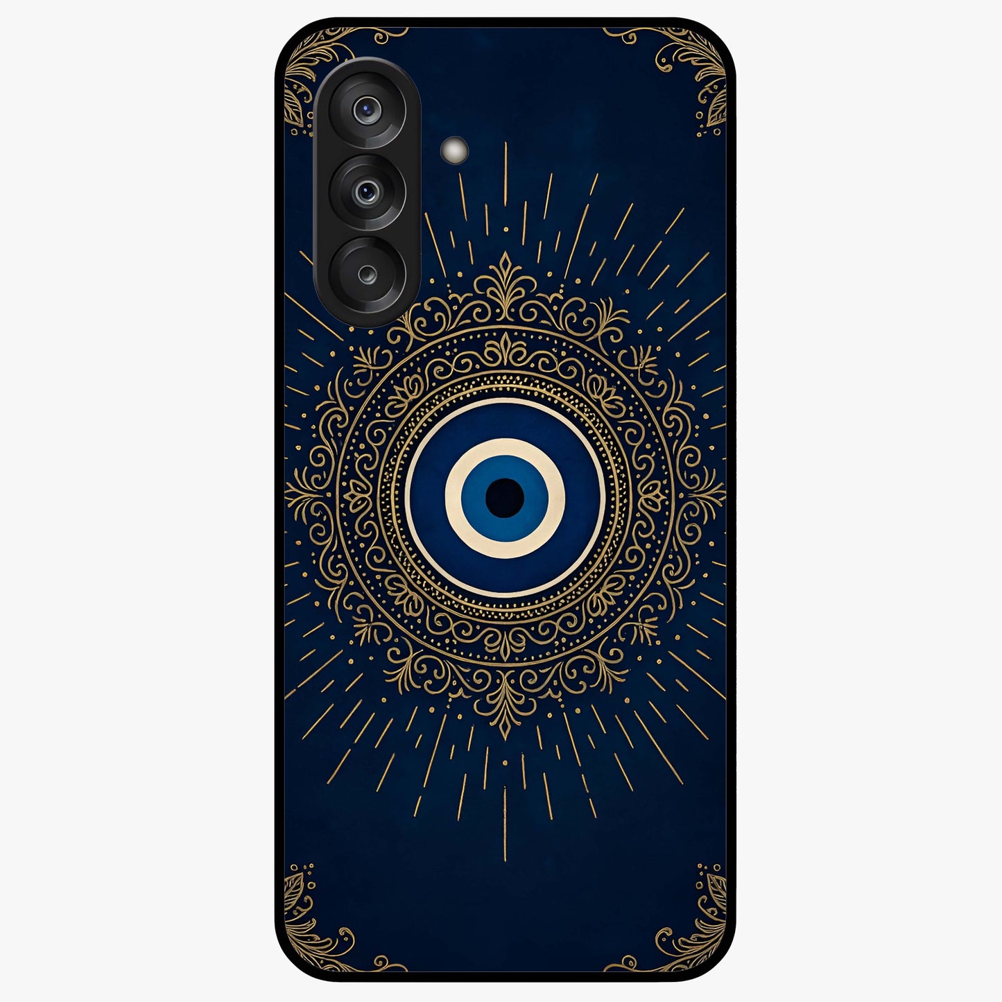 Golden Evil Eye Mandala Glass Case showing flat back view with intricate evil eye mandala artwork and glossy glass finish.