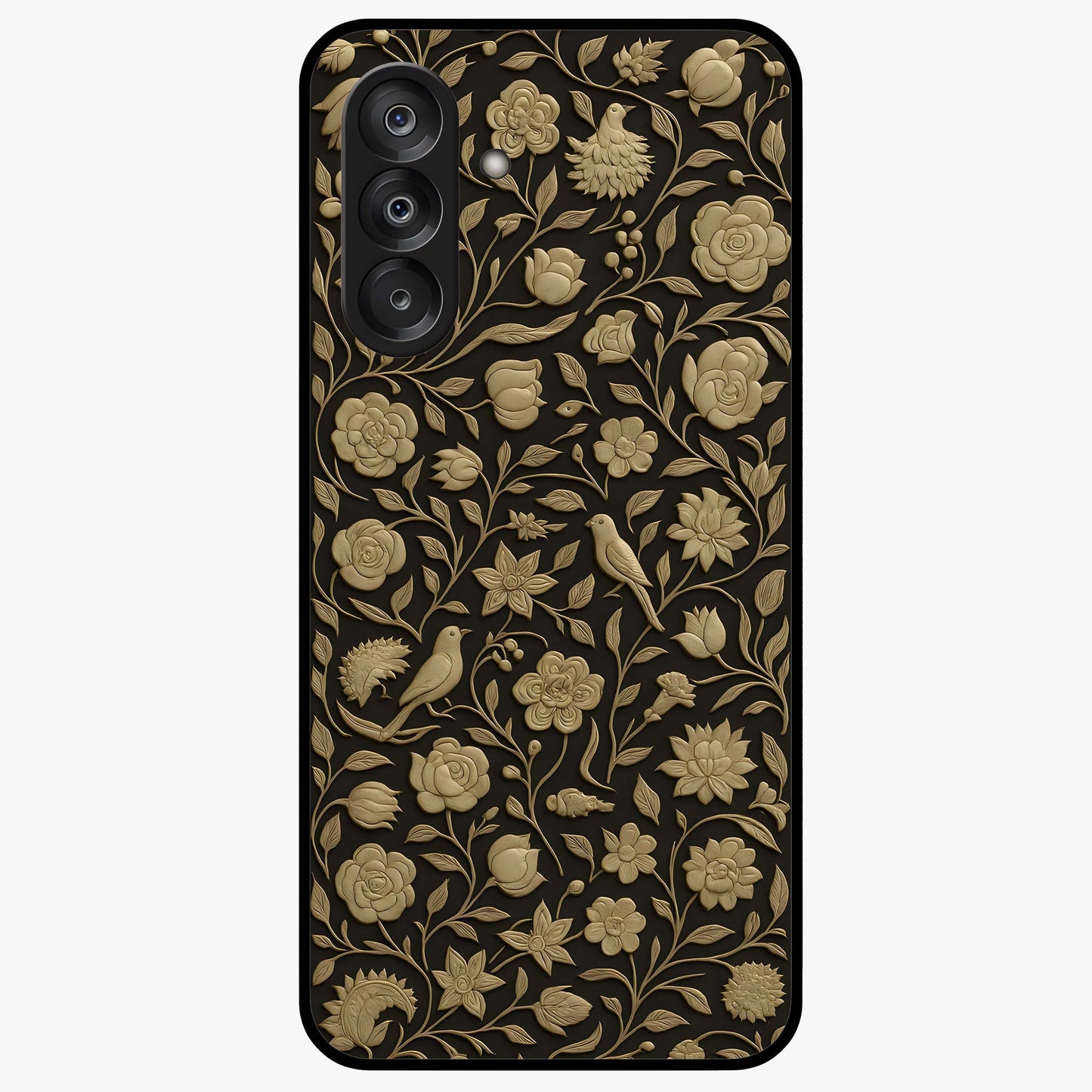 Golden Floral Majesty Glass Case showing flat back view with luxurious golden floral artwork and glossy glass finish.