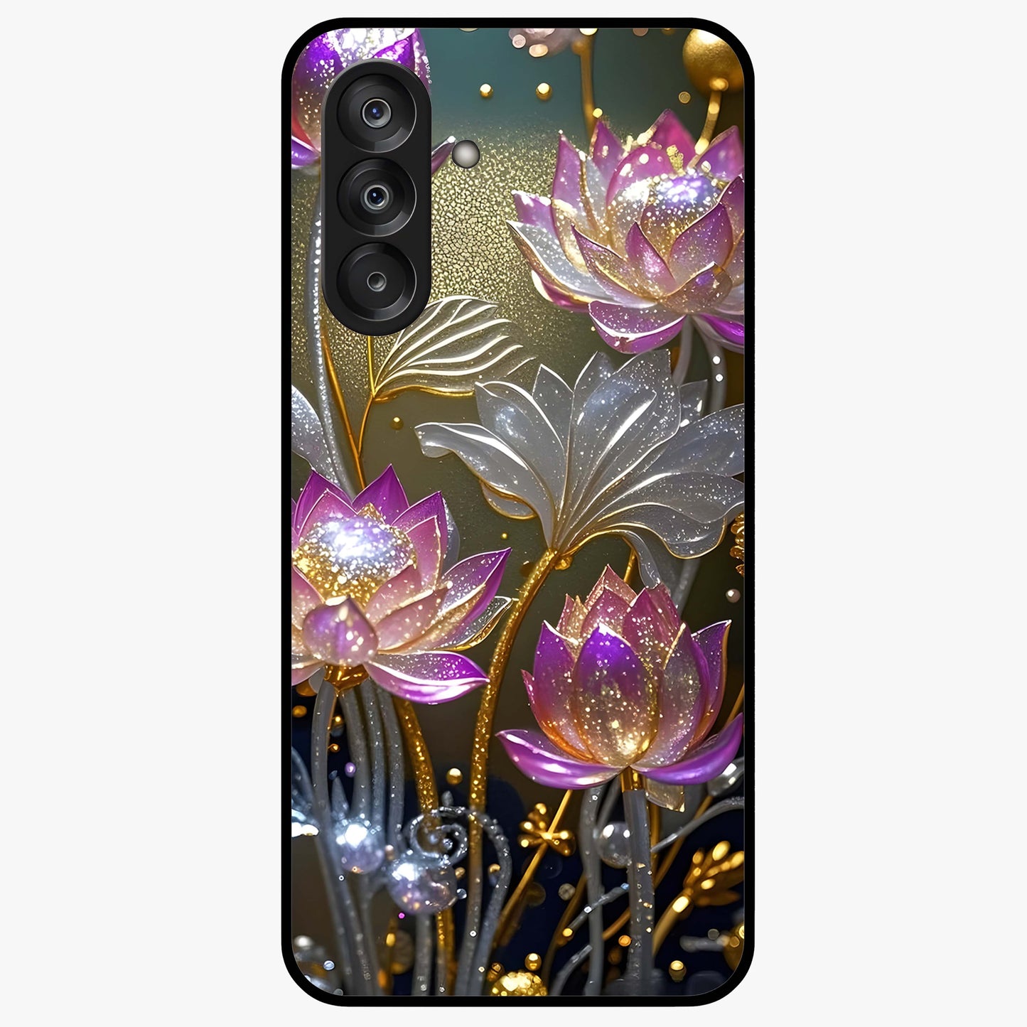 Golden Lotus Glow Glass Case showing flat back view with glowing lotus flower artwork and glossy glass finish.