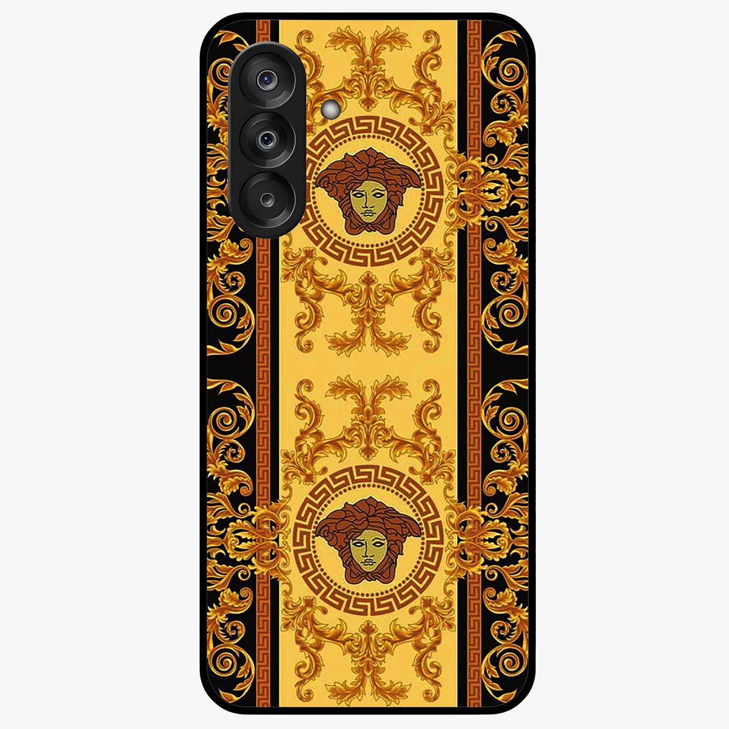 Golden Royal Heritage Glass Case showing flat back view with ornate royal pattern artwork and glossy glass finish.