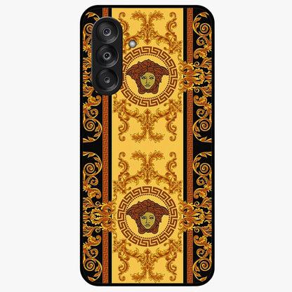 Golden Royal Heritage Glass Case showing flat back view with ornate royal pattern artwork and glossy glass finish.