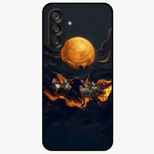 Golden Stallion Moonride Glass Case showing flat back view with majestic horse under moonlight artwork and glossy glass finish.