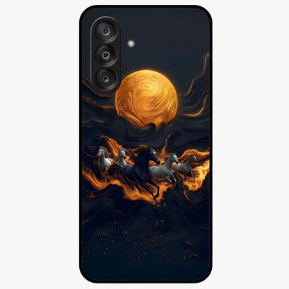 Golden Stallion Moonride Glass Case showing flat back view with majestic horse under moonlight artwork and glossy glass finish.