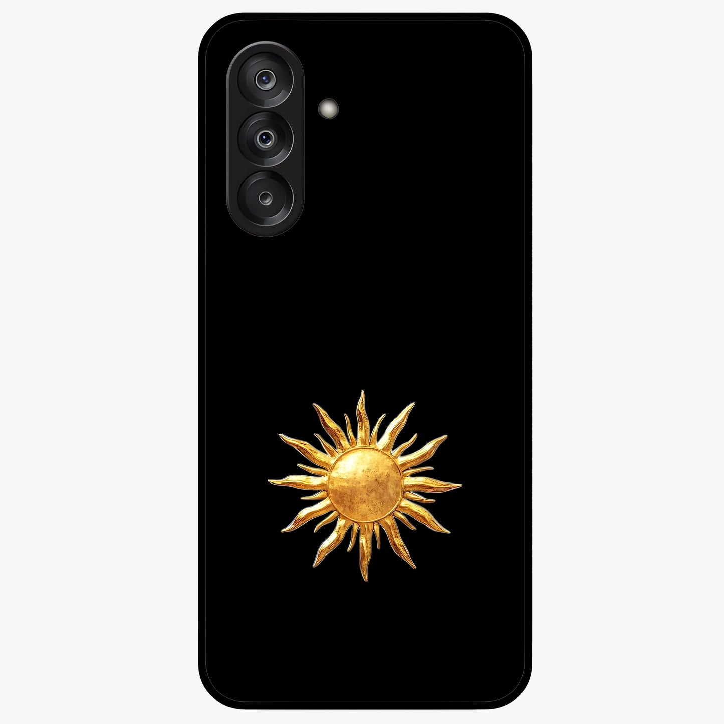 Golden Sun Minimalism Glass Case showing flat back view with minimal golden sun artwork and glossy glass finish.