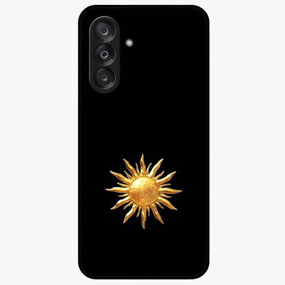 Golden Sun Minimalism Glass Case showing flat back view with minimal golden sun artwork and glossy glass finish.